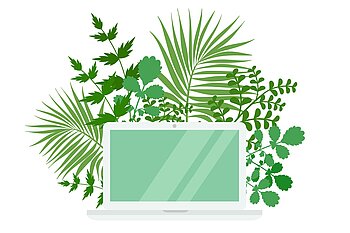 Was ist Umweltinforamatik?©HTW-Berlin.de Grafik mit einen Laptop und grünen Zweigen in Hintergund
